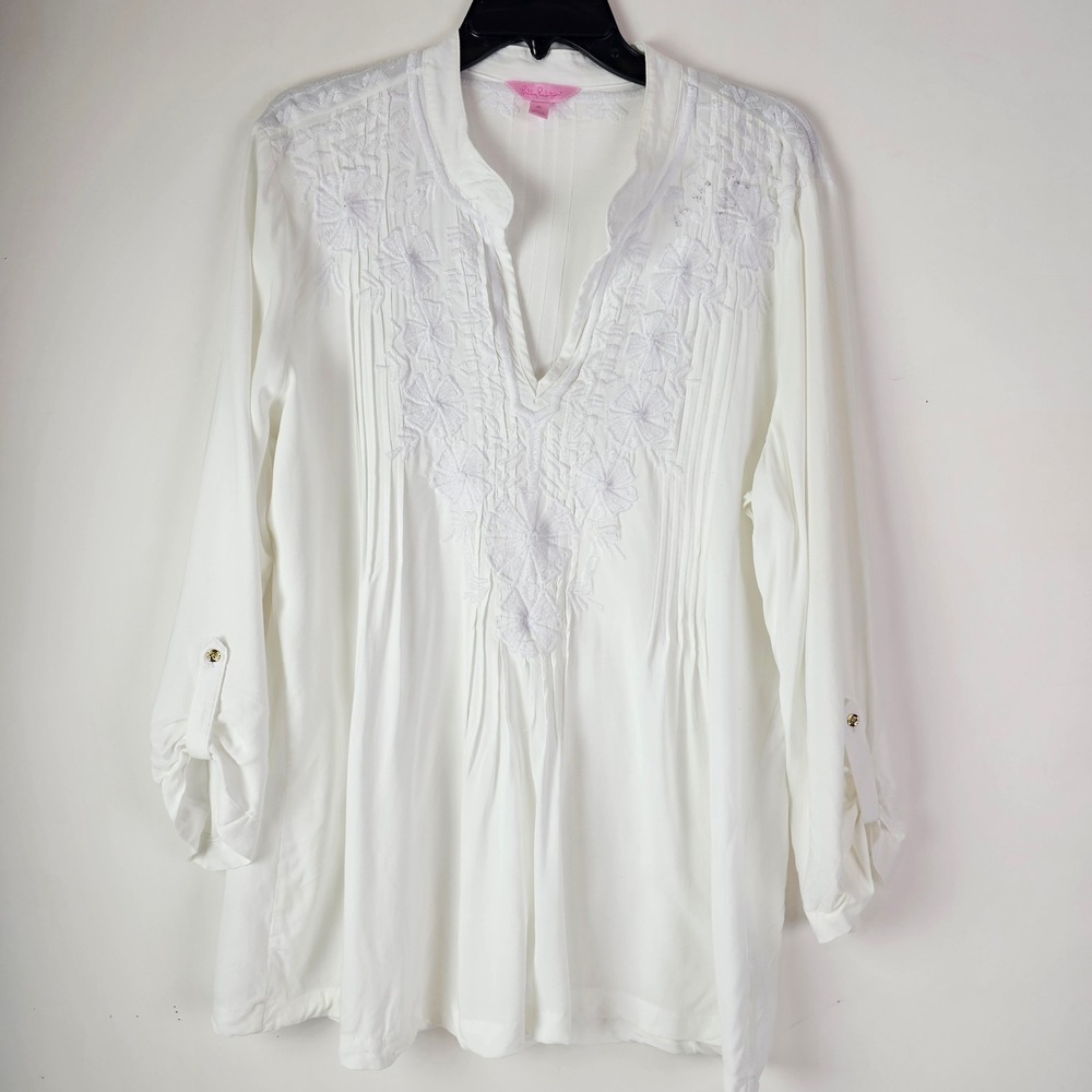 Lilly Pulitzer White Embroidered Rayon Tunic Top 3/4 Roll Tab Sleeve Womens XL